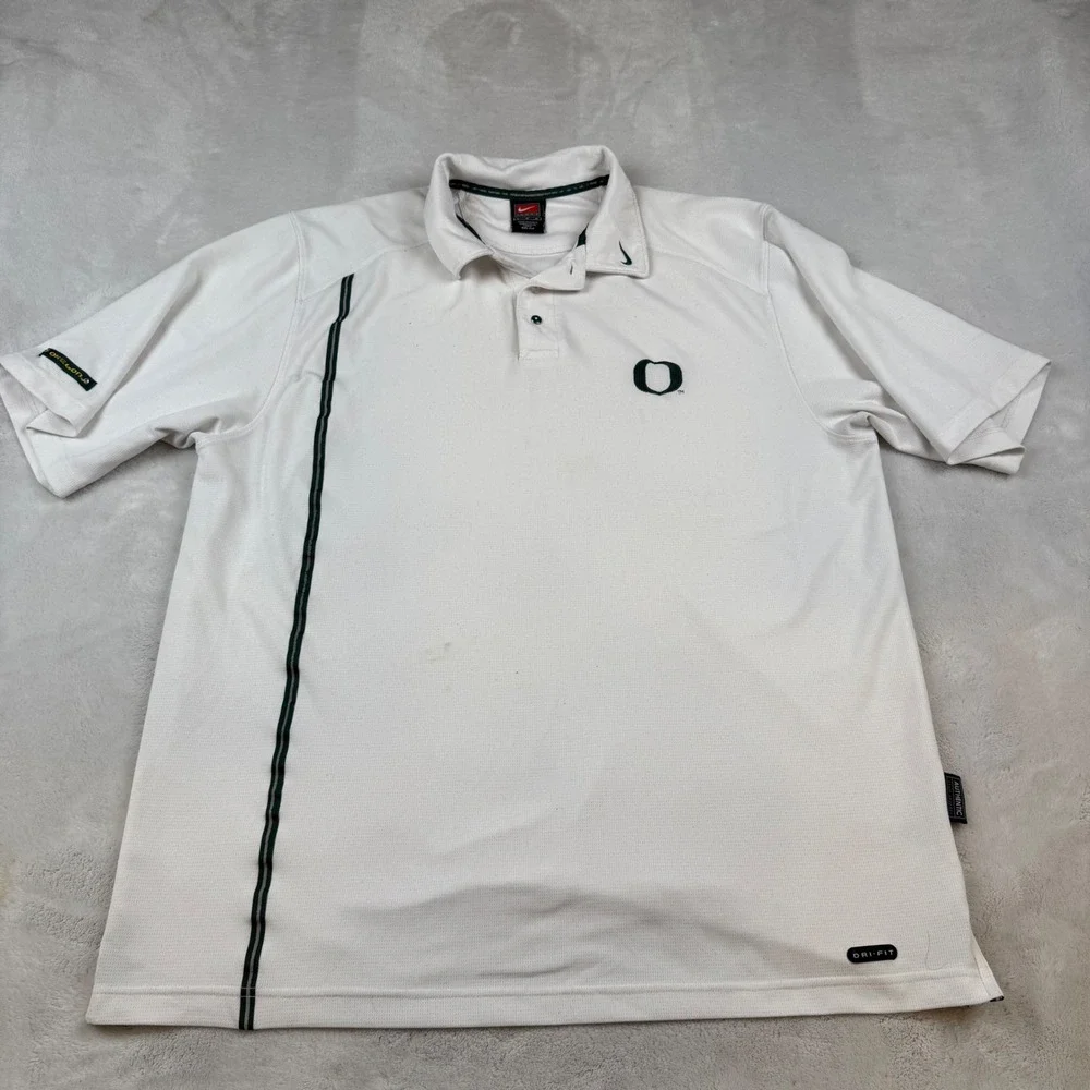 Nike Oregon Ducks Dri FIT Golf Polo Shirt Mens Large White Green O Logo